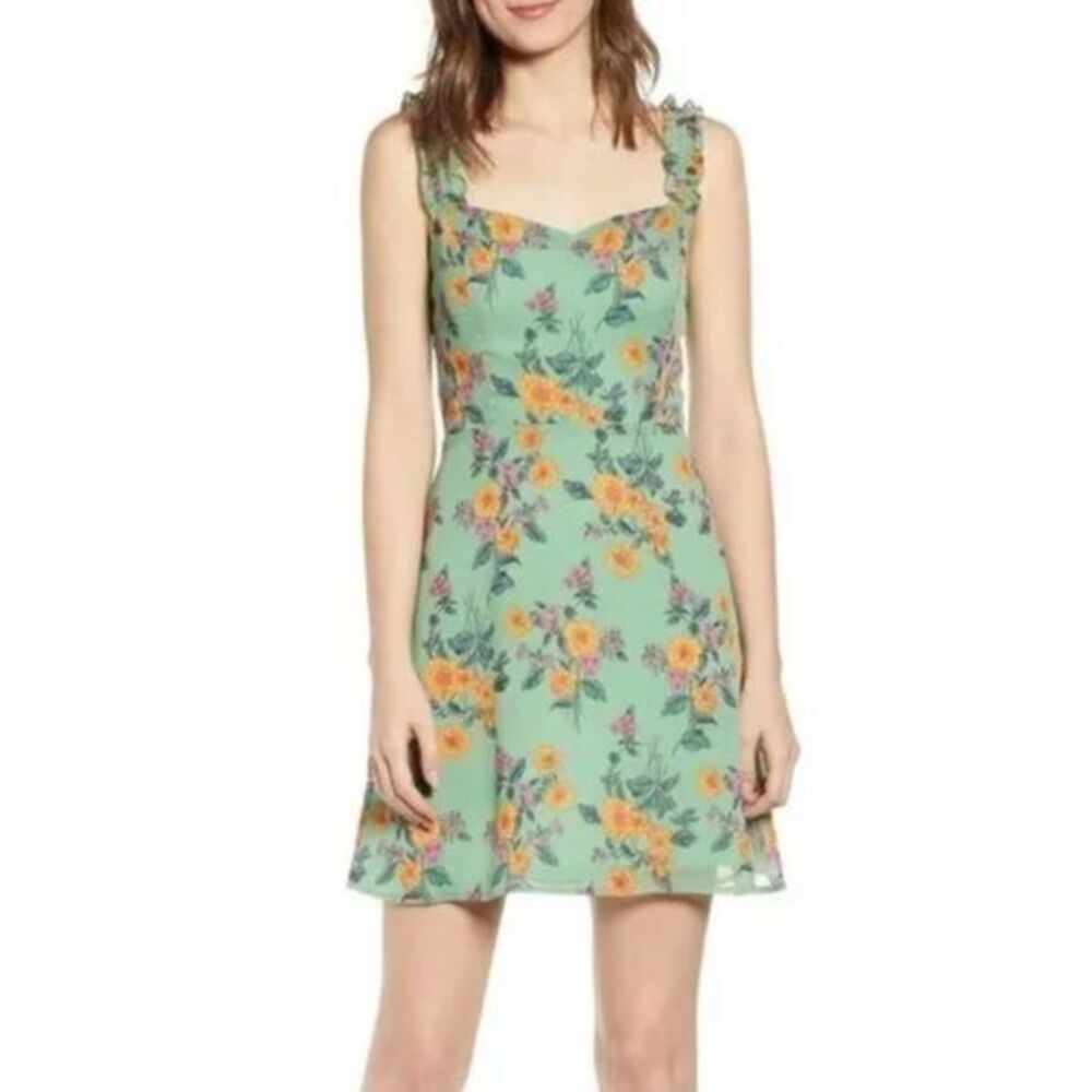 ALL IN FAVOR Stella Ruffle Strap Floral Green Summer Mini Dress XLARGE
